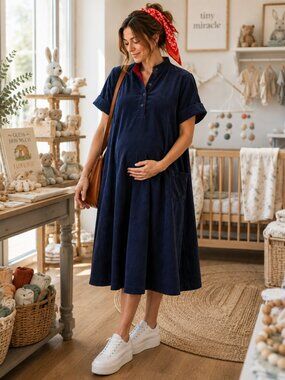 Vintage 80s Navy Corduroy Maternity Dress Size 12 USA Made